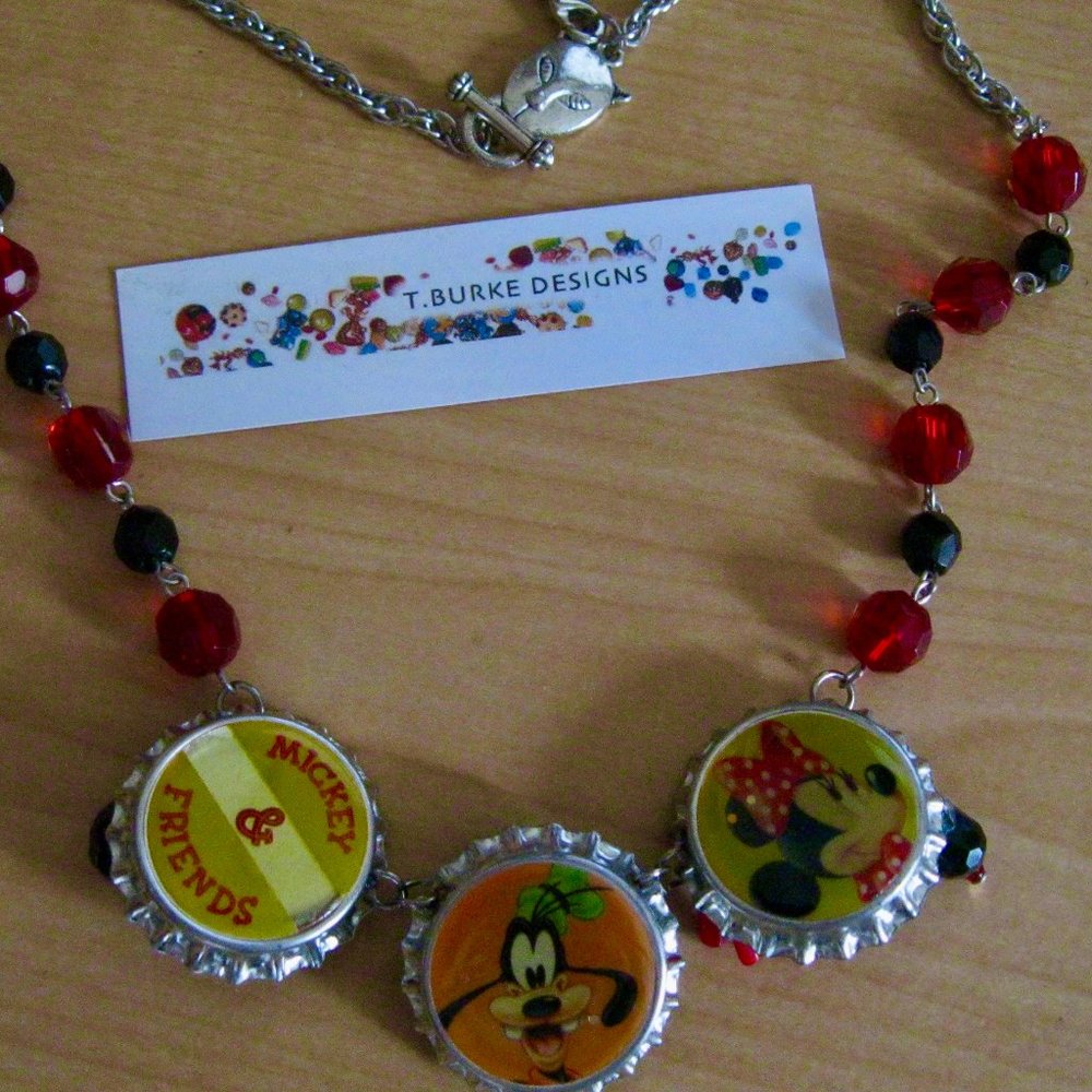 "DISNEY CHARACTERS BOTTLE CAP NECKLACE" ONE OF A KIND MADE IN RHODE ISLAND